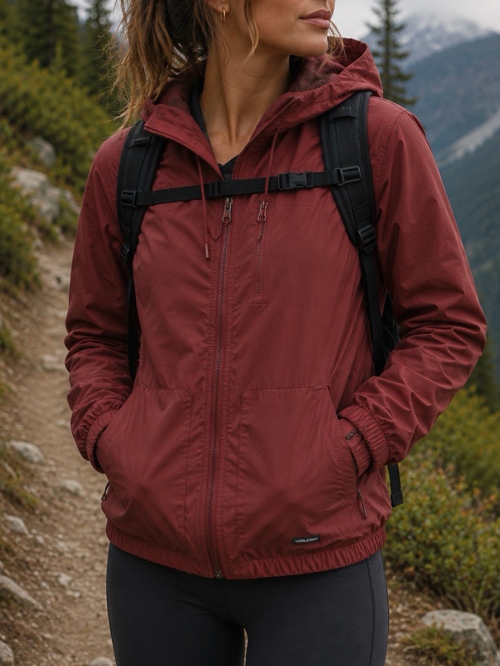 Volcom Women's Hooded Utility Windbreaker Jacket - Maroon Red